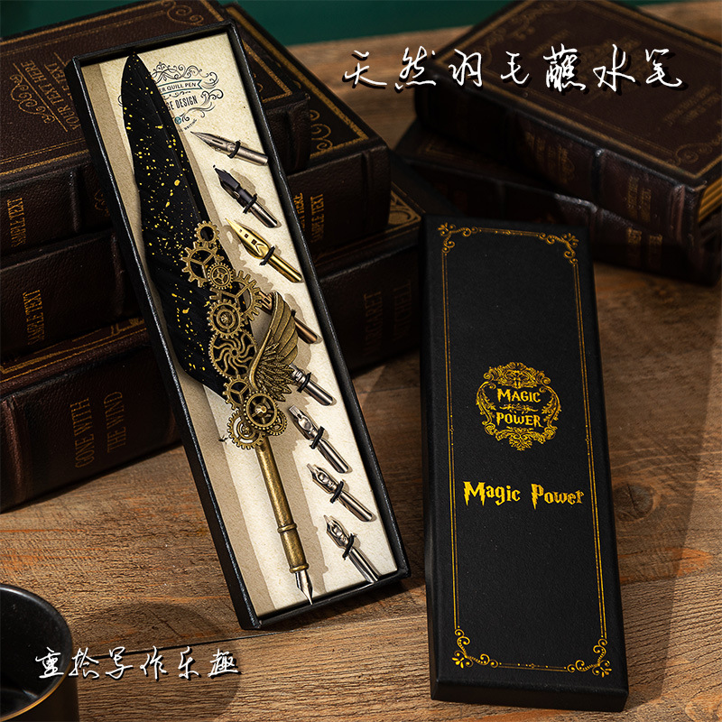 新款歐式復古天然羽毛蘸水筆批發生日禮物佳節送禮套裝