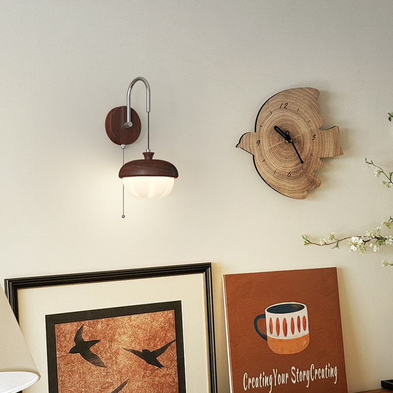 Lámpara de pared móvil con balancín de cabecera de viento de mediana edad, textura de madera de melocotón de calabaza creativa, luz de pared de fondo de dormitorio de sala de estar de espectro completo