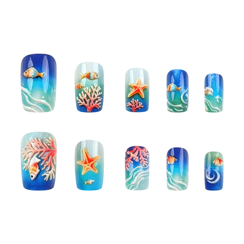 Transfronterizos 3D ambientes marinos tridimensionales Uña de verano 24 piezas de uñas falsas mezcladas image 5