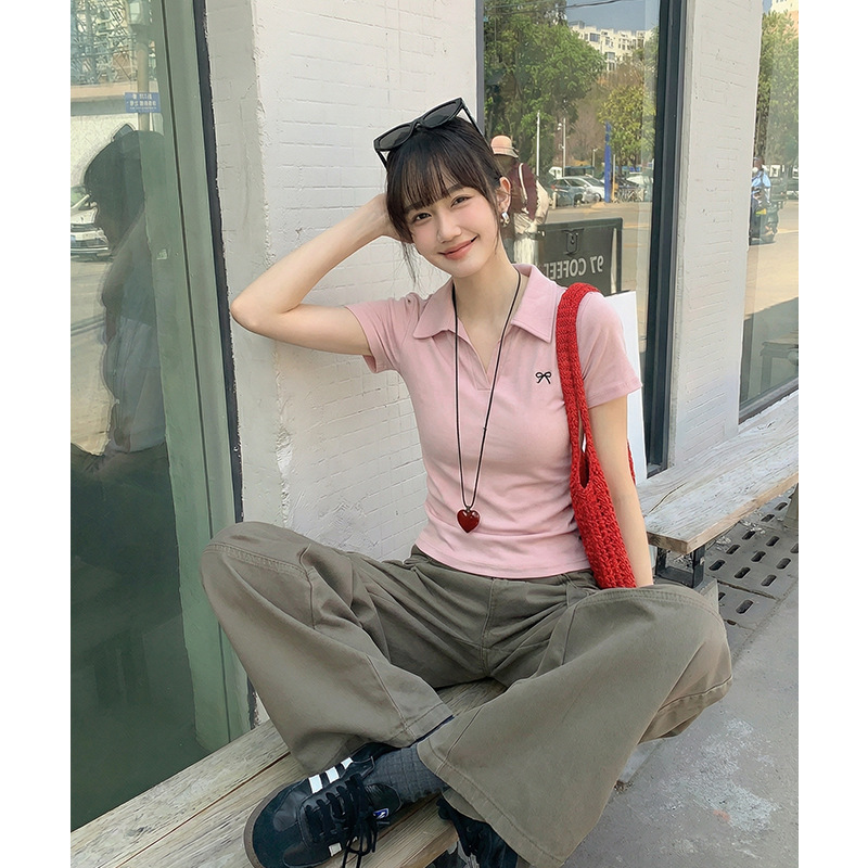 实价 #白色刺绣polo翻领正肩短袖T恤女春季夏褶皱收腰短款上衣