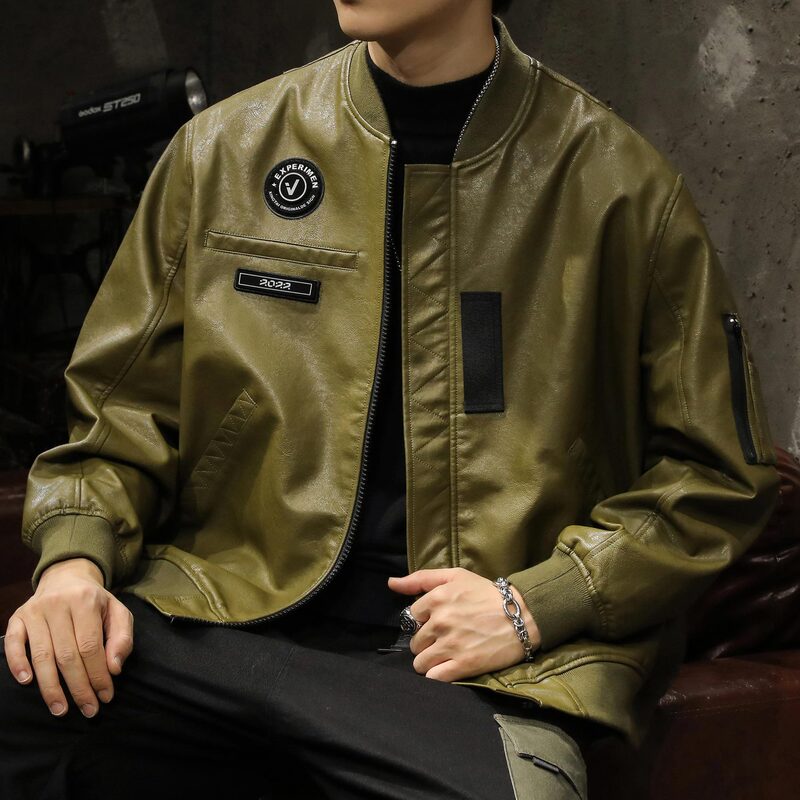Army Green motorcycle pilot leather jacket men's autumn and winter parka fur jacket Ruan Shuai 2023 New Spring