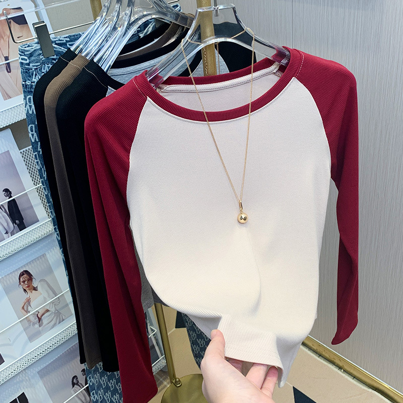 Color contrastante camiseta de cuello redondo para mujeres primavera y verano 2025 nueva moda exterior delgada interior con camiseta de manga larga camiseta corta image 5