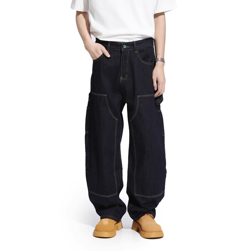 Voguo Relay Heavy Weightweight Raw Denim Jeans Double Knee Splicing Silhouette Logging Cargo Pants for Men