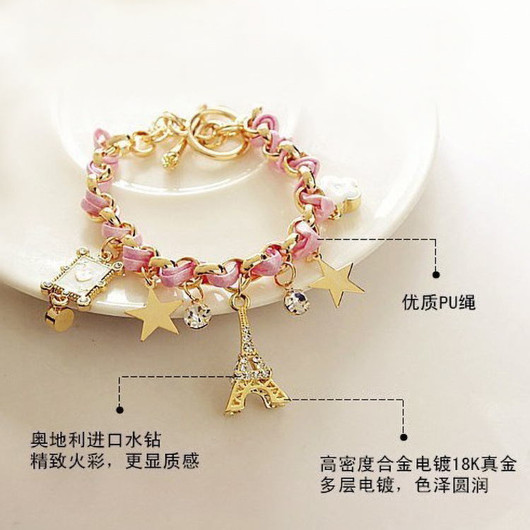 Popular Korean Fashion Bracelet Women's Eiffel Tower Star Flower Playing Card Leather Rope Woven Bracelet Women's Anklet