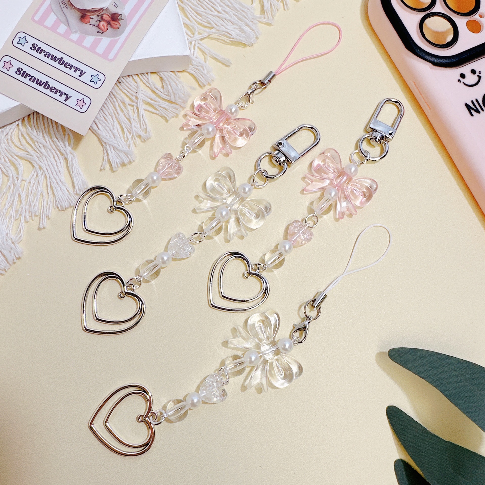 Cute Hand-made Girl Hand silver Double-layer Love Bowknot Phone Chain Hand Cream Simple All-match Goo Card Pendant