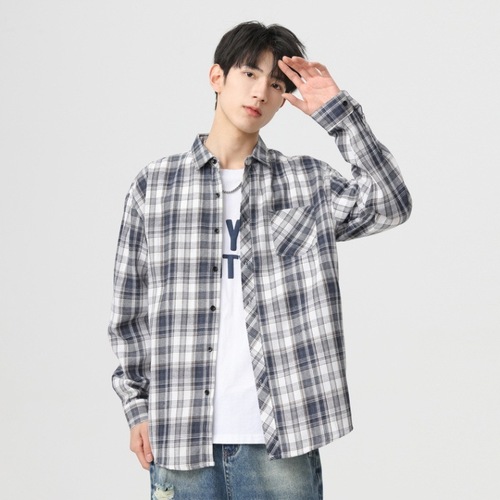 American Grid Shirt for Men - 2024 Spring and Autumn New Arrival, Japanese Retro Long-Sleeve Collared Shirt with Pockets for Youth