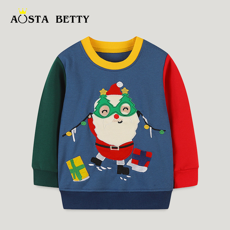Sudadera de moda con bloques de color para niños, estilo europeo y americano, jersey bordado de Papá Noel, ropa infantil de otoño 26 image 3