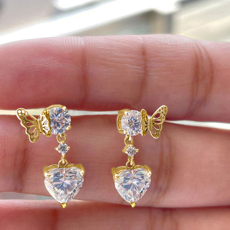 Copper Material Heart Shape, Butterfly Pattern 1 Pair Classic Style Heart Shape Butterfly Copper Zircon Drop Earrings