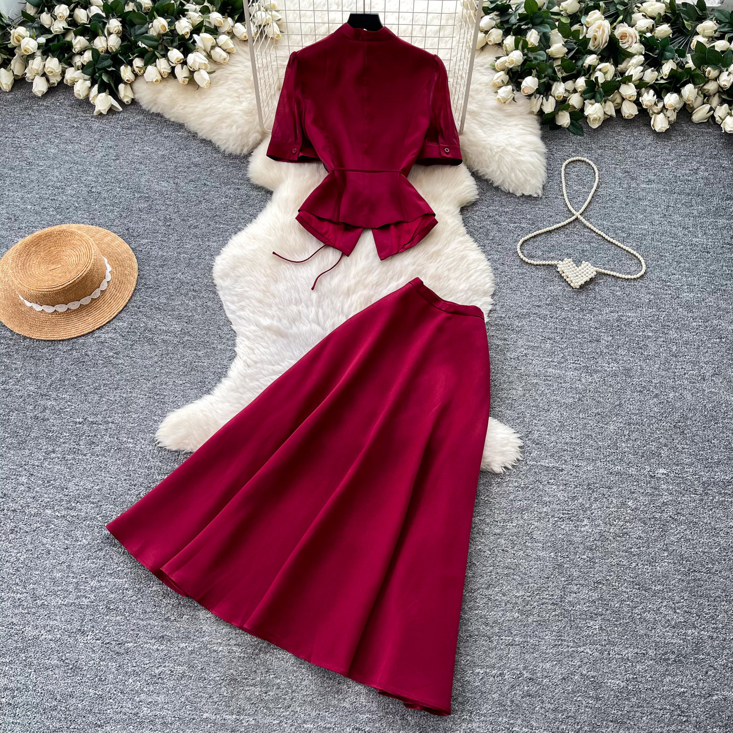 Women's Wine Red Bubble Sleeve Blouse And High-Waist Skirt Set - Elegant Office Wear Two Piece Outfit For Summer_ecoleips.com