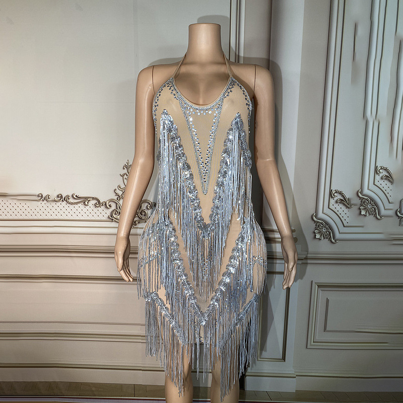NOVANCE Elegant Ladies Dazzling Diamond Tassel Midi Sexy Transparent Dress Sexy Prom Skirt