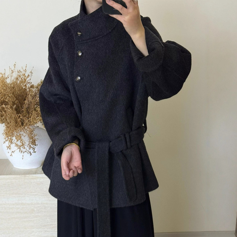 Autumn and Winter New Double-Sided Woolen Outwear Mid-Length Lace-Up Elegant Loose Stand-Up Collar High-End Woolen Outwear for Women