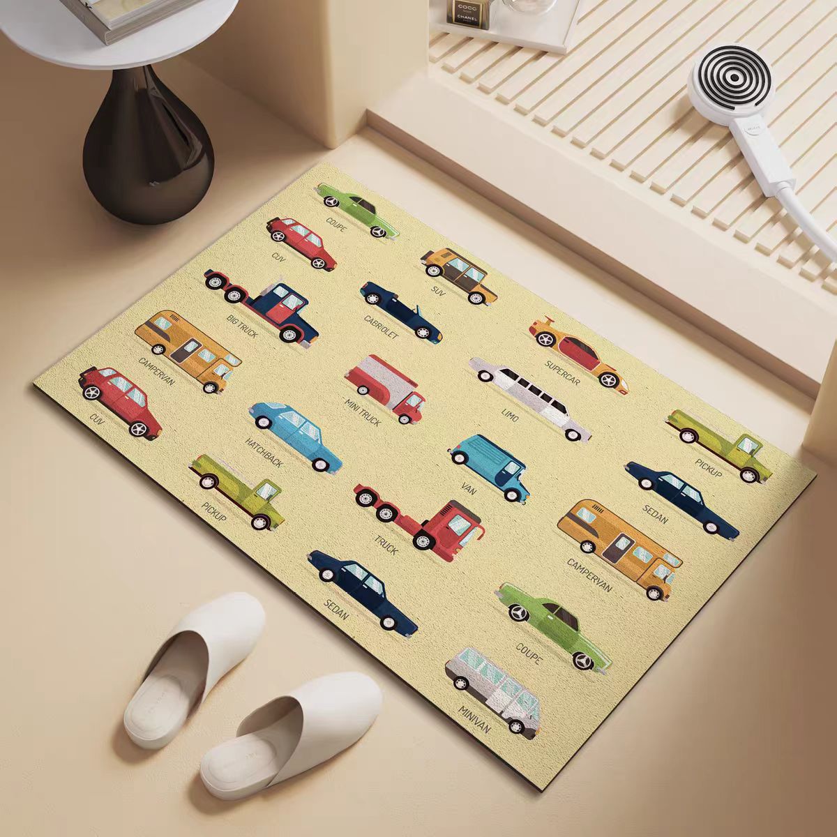 Cartoon Car-Themed Household Bathroom Mat, Water-Absorbent Non-Slip Foot Mat, Diatomaceous Earth Toilet Carpet, Bathroom Entrance Mat