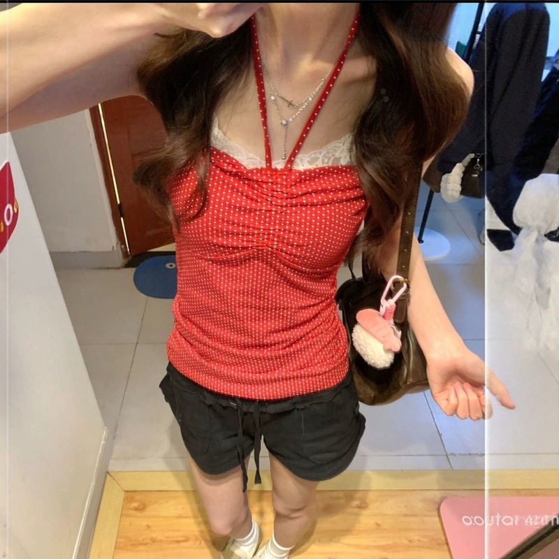 Dopamine Red Polka Dot Lace Splicing Halter Neck Tie-Up Tube Top Women's New Summer Slim Fit Stunning Top Dopamine Red Polka Dot Lace Splicing Halter Neck Tie-Up Tube Top Women's New Summer Slim Fit Stunning Top