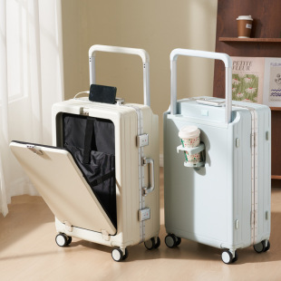 Aluminum Frame Front Opening Luggage Case Women's 20-inch Boarding Wide Tie Rod Suitcase Silent Universal Wheel Large Capacity Trolley Case