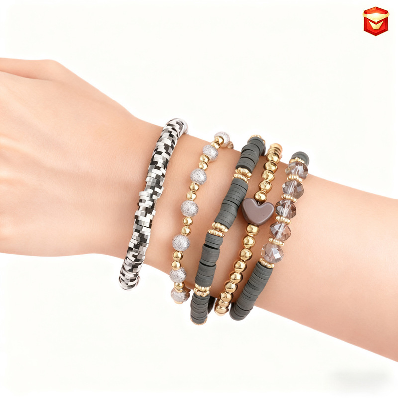 European and American Bohemian Style Clay Beads Elastic Women's Bracelet Cross-Border Soft Clay Heart Stacked 5 Bracelets Set
