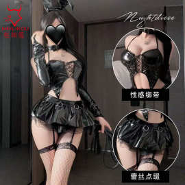 魅俪蔻纯欲漆皮兔女郎套装二次元小恶魔绑带情趣内衣超短裙9986