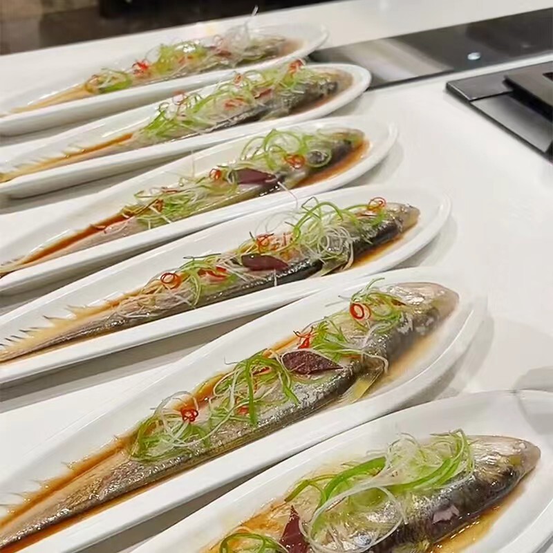 Hotel ceramic puffer fish saury plate farmhouse irregular creative saury shaped pure white characteristic steamed fish plate