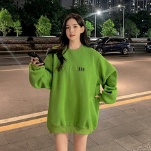 绿色加绒圆领卫衣女新款秋冬装减龄小个子宽松上衣KFZQ8360