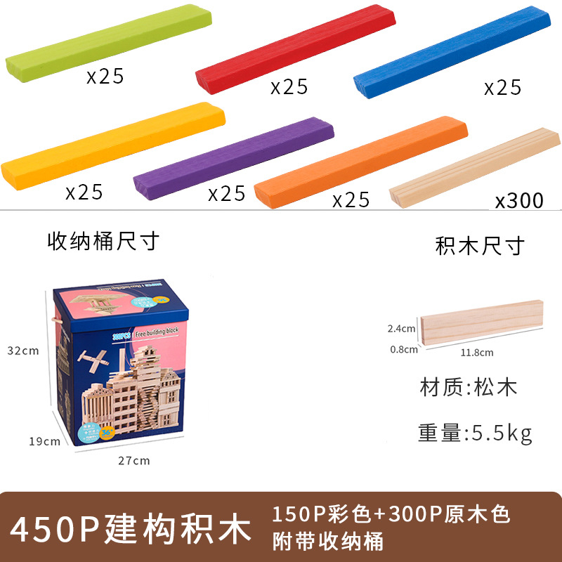 450 miếng (150 miếng màu + 300 miếng màu gỗ) kèm thùng đựng.