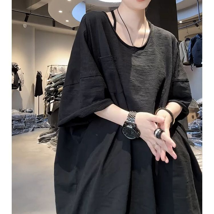 chubby girl Plus Size 150.00kg Women's Summer Western Style Loose Large Version Mid-length T-shirt Fashionable All-match Solid Color Top Trendy