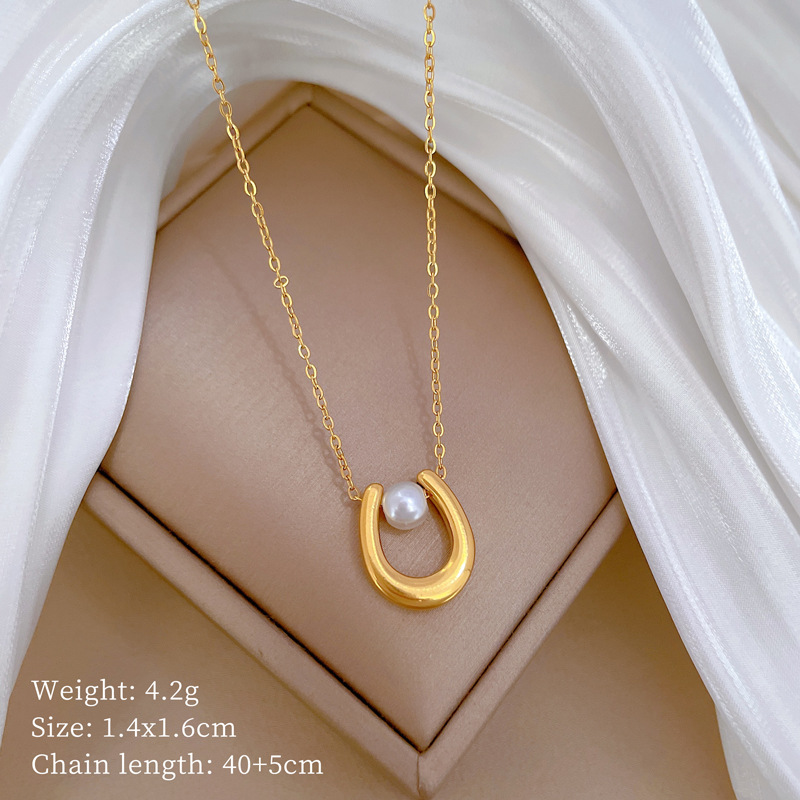 U-shaped Pearl Personality Minimalist Wind Stove Real Gold Necklace Female Ins Internet Celebrity Collarbone Chain_voghion.com