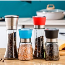 批发304不锈钢胡椒粉研磨器花椒粉手动研磨瓶厨房家用玻璃调料瓶
