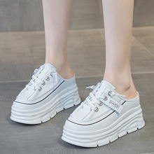 潮ins真皮厚底松糕内增高8cm包头半拖女时尚百搭无后跟老爹鞋柔软