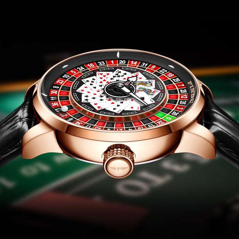 Đồng hồ nam automatic lộ máy mặt số trò chơi roulette — Thẻ đỏ da đen, Hồng nhãn đỏ da xanh, Hồng đỏ thẻ xanh da, Hồng da đỏ vành đai lưới