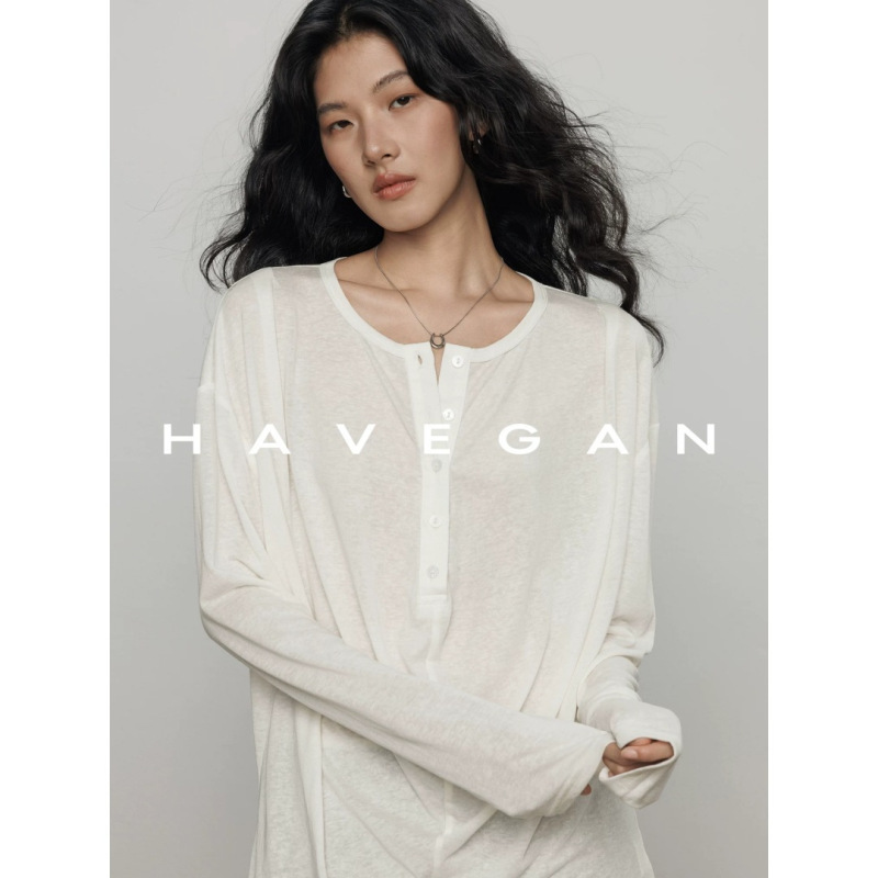 HAVEGAN/Autumn long-sleeved relaxed fit T-shirt with lyocell and linen for women, old money style casual top HAVEGAN/Autumn long-sleeved relaxed fit T-shirt with lyocell and linen for women, old money style casual top