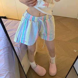 多巴胺风彩色条纹睡裤女夏季高腰抽绳休闲百搭沙滩短裤可外穿遛弯