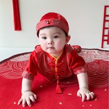 周岁礼服男宝宝中式婴儿衣服男童汉服套装男孩抓周服红色唐装夏季