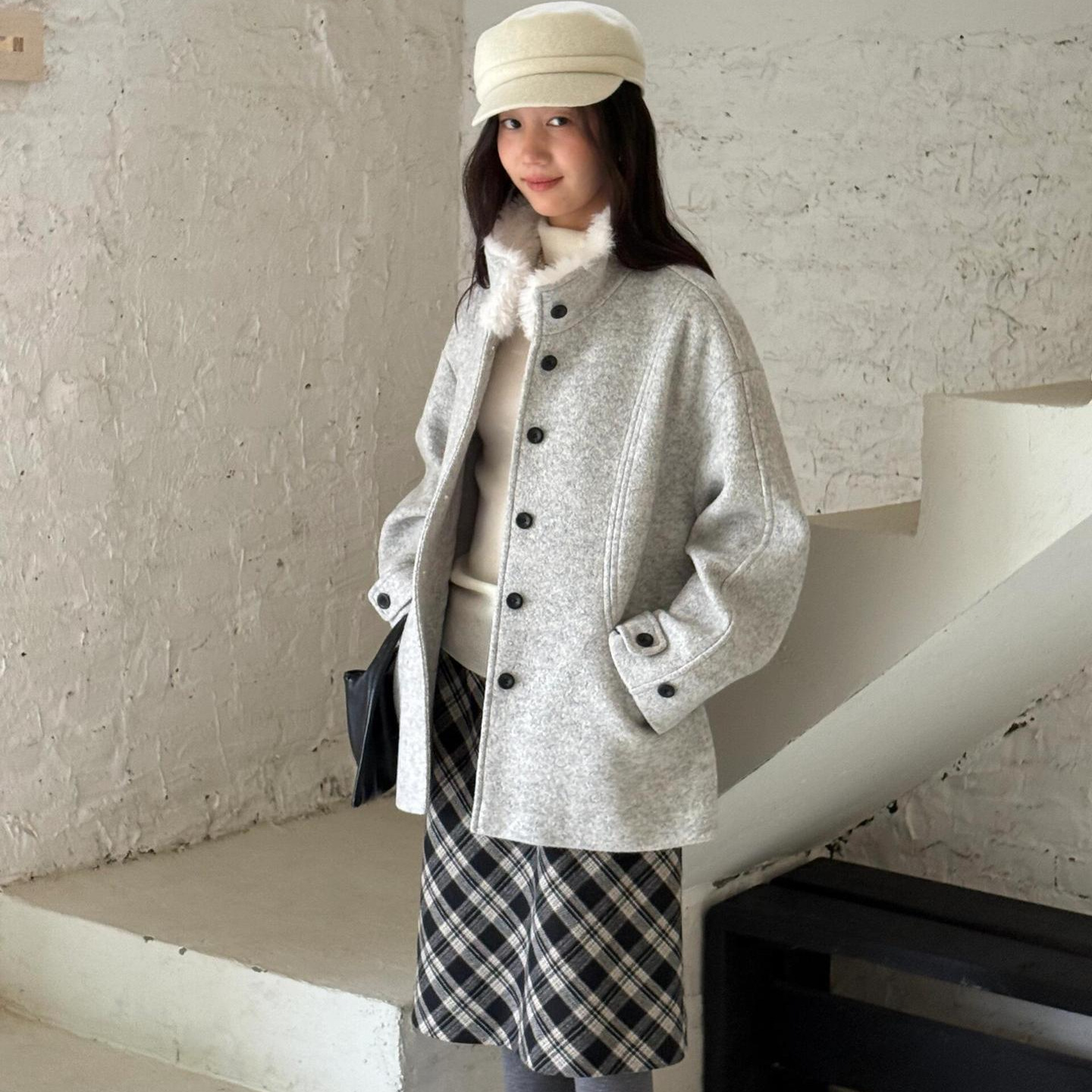 Korean Retro Simple Wool Tweed Plaid Skirt for Women Autumn and Winter New Versatile Mid-Length Woolen Skirt