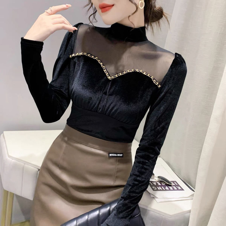 Shanlida Di 2025 Autumn New Fashionable Mesh Patchwork Velvet Base Shirt for Women with Half Turtleneck and Long Sleeves