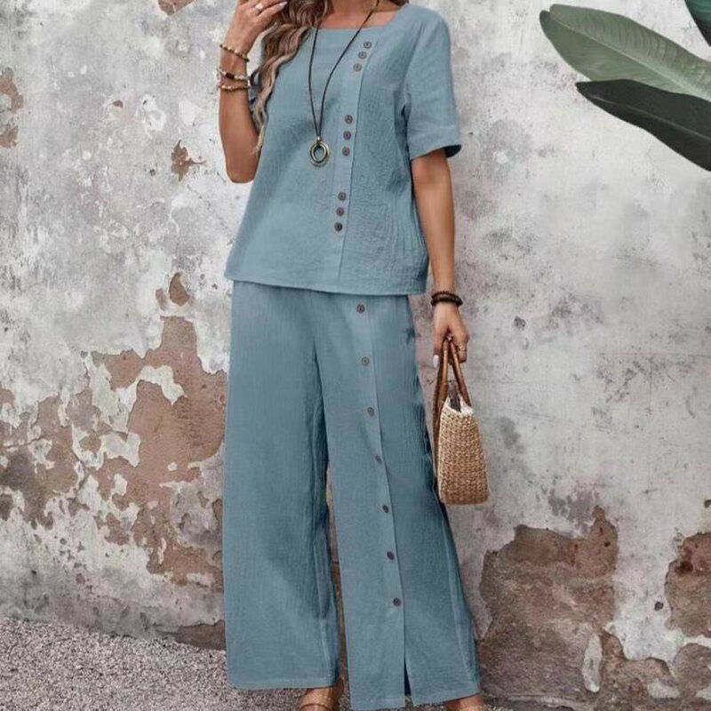2025 Hot-Selling Cotton and Linen Fashion Casual Loose Two-Piece Set Short-Sleeve Top with Buttons and Loose Wide-Leg Pants Women's Clothing