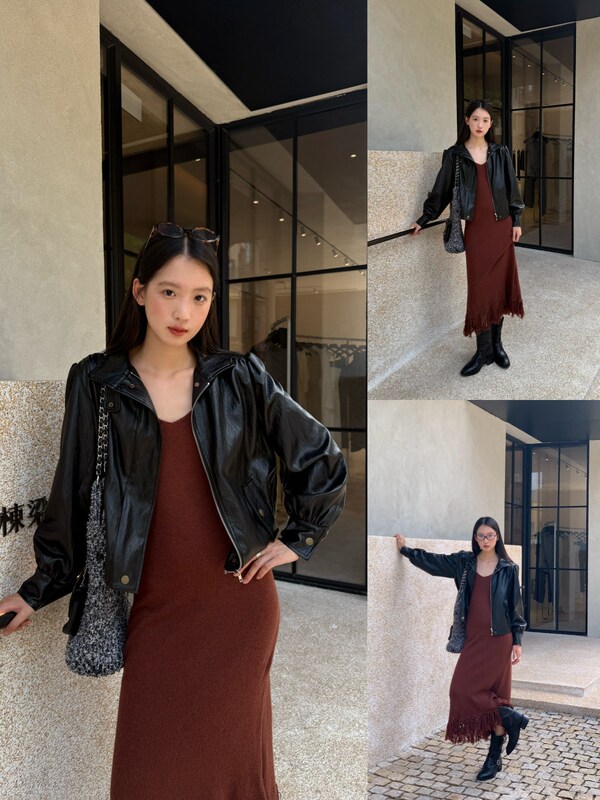 诠释美 NEWOPEN 25秋温柔修身V领流苏内搭针织吊带连衣裙女F6311|undefined