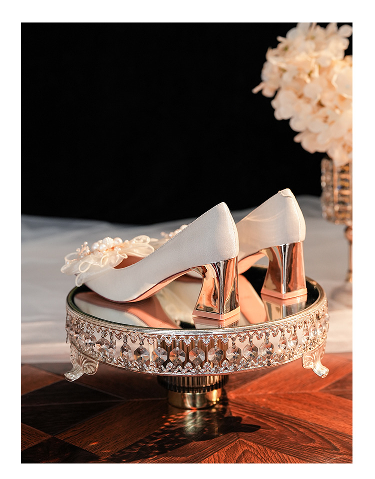 6222A-008 Chunky Heel Pointed Toe Satin Appliqué High Heels For Banquet Wedding Bridesmaid Shoes Comfortable Versatile_voghion.com