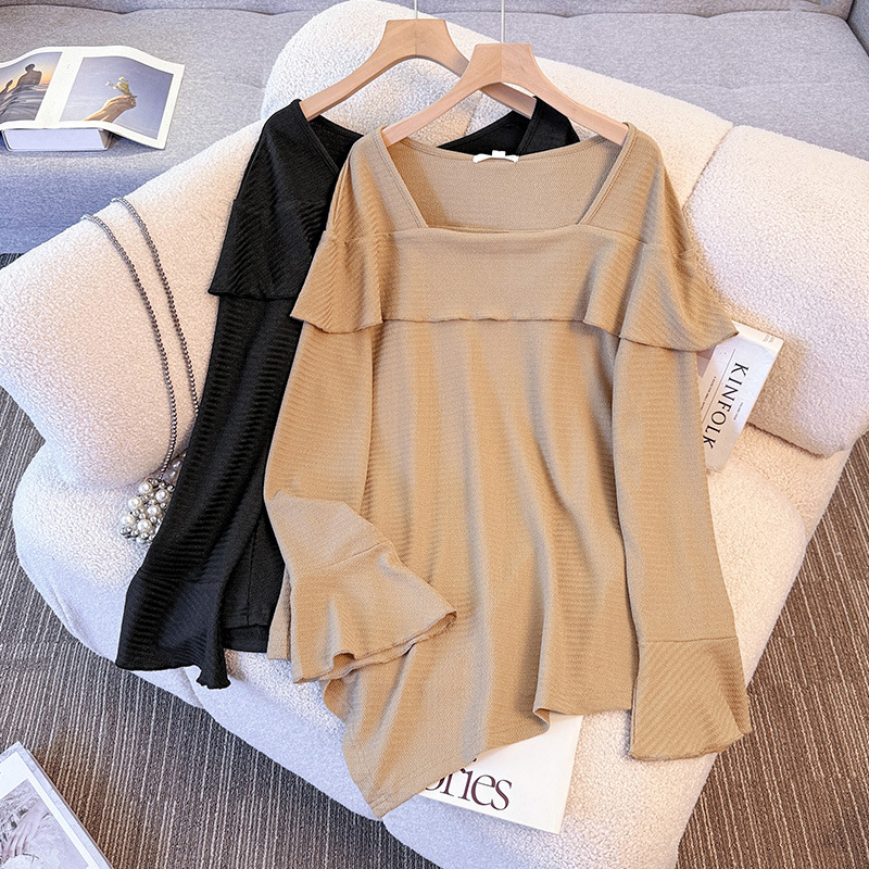 65-175kg Plus Size Women's Clothing for Fat mm Spring & Fall New Retro Design Knitted Bottoming Shirt Bell Sleeve Top