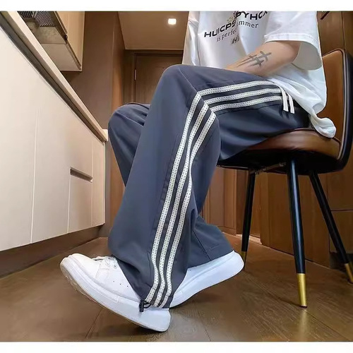 Spring and Autumn New Fashion Trendy Casual Pants for Men Stylish Stretch Waist Striped Sports Straight Leg Long Pants