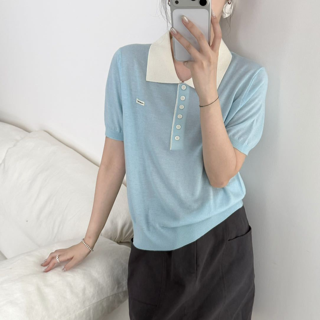 Superfine wool Korean style color-blocked polo collar short-sleeved shirt, 2026 autumn new arrival, fashionable, versatile, casual, and slimming.