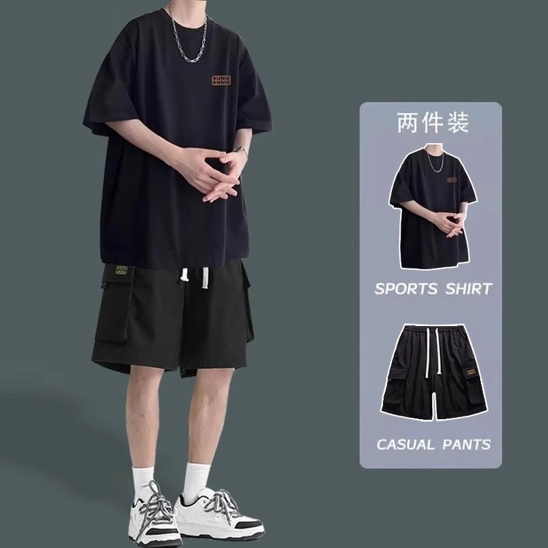 Short-Sleeved Shorts Suit for Men, Cool and Handsome Summer Loose Casual Sports Suit, Handsome Student Two-Piece Suit