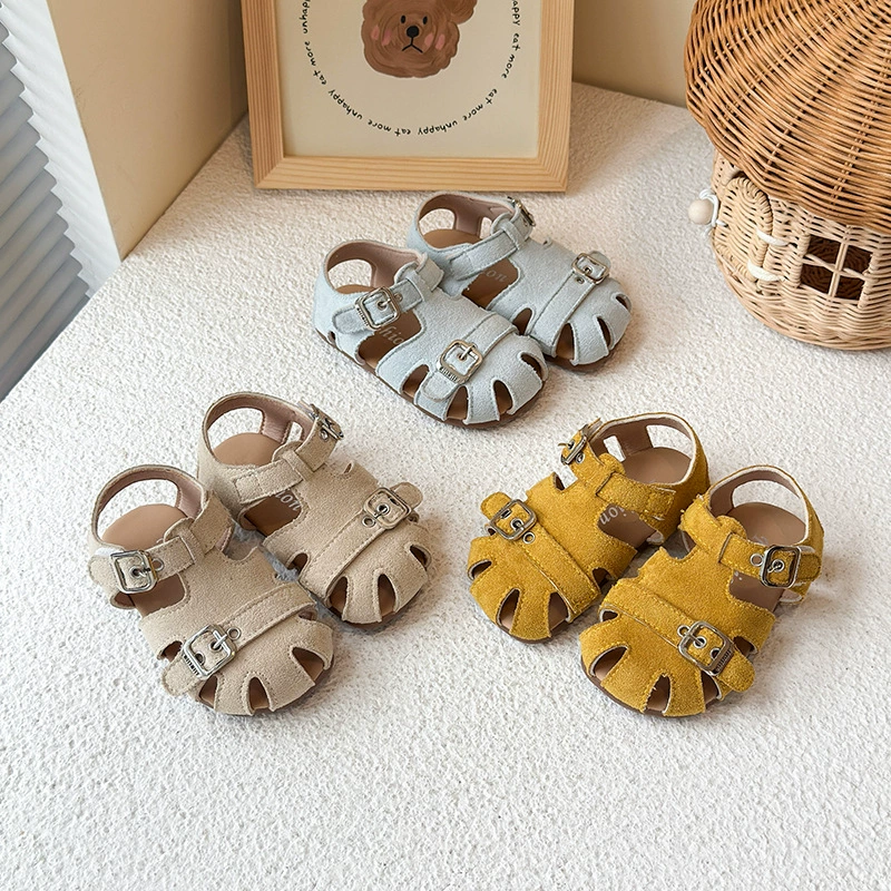 Baotou желтые супер красивые детские сандалии для девочек в британском стиле с матовой кожей и подошвой из сухожилий, нескользящая обувь