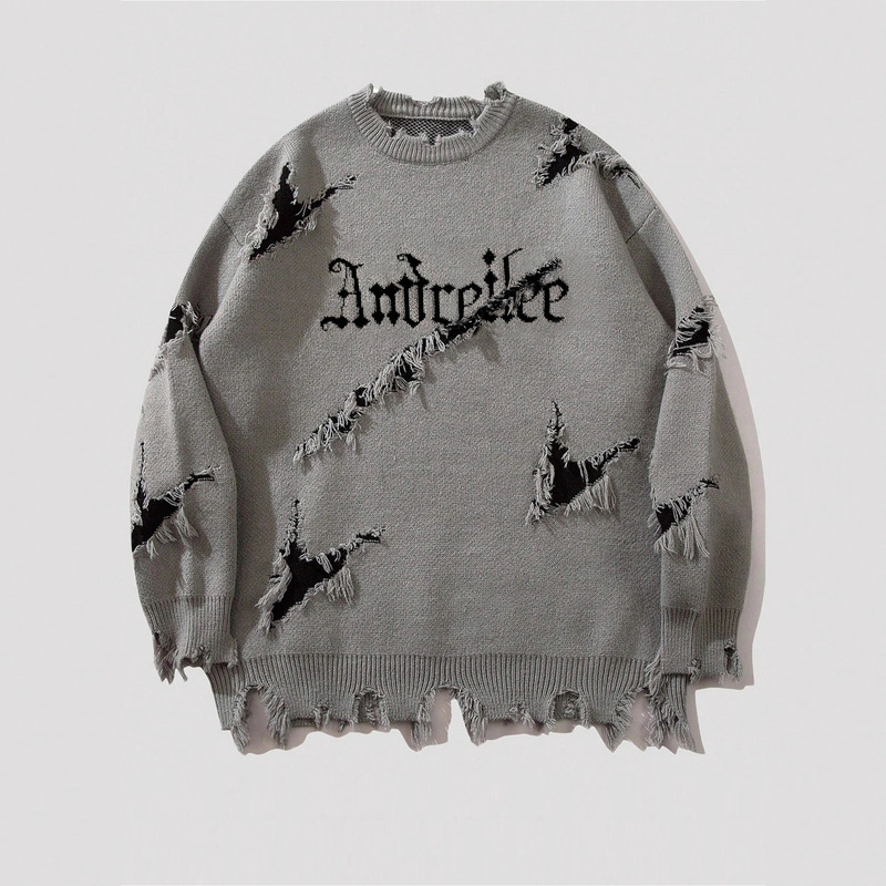 Cross-Border Amazon Men's Ripped Knitwear Autumn and Winter Distressed Raw Edge Letter Jacquard Knitwear Top Trendy 6001 Cross-Border Amazon Men's Ripped Knitwear Autumn and Winter Distressed Raw Edge Letter Jacquard Knitwear Top Trendy 6001