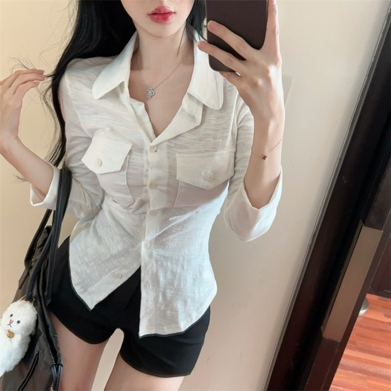 微胖妹妹领长袖衬衫女夏季纯欲甜辣妹显瘦上衣独特别致衬衣女|undefined