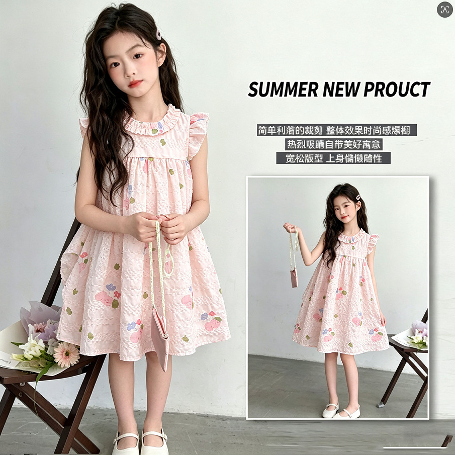 2026 new summer children's lace cartoon floral set, sleeveless dress for girls, casual princess style, lightweight