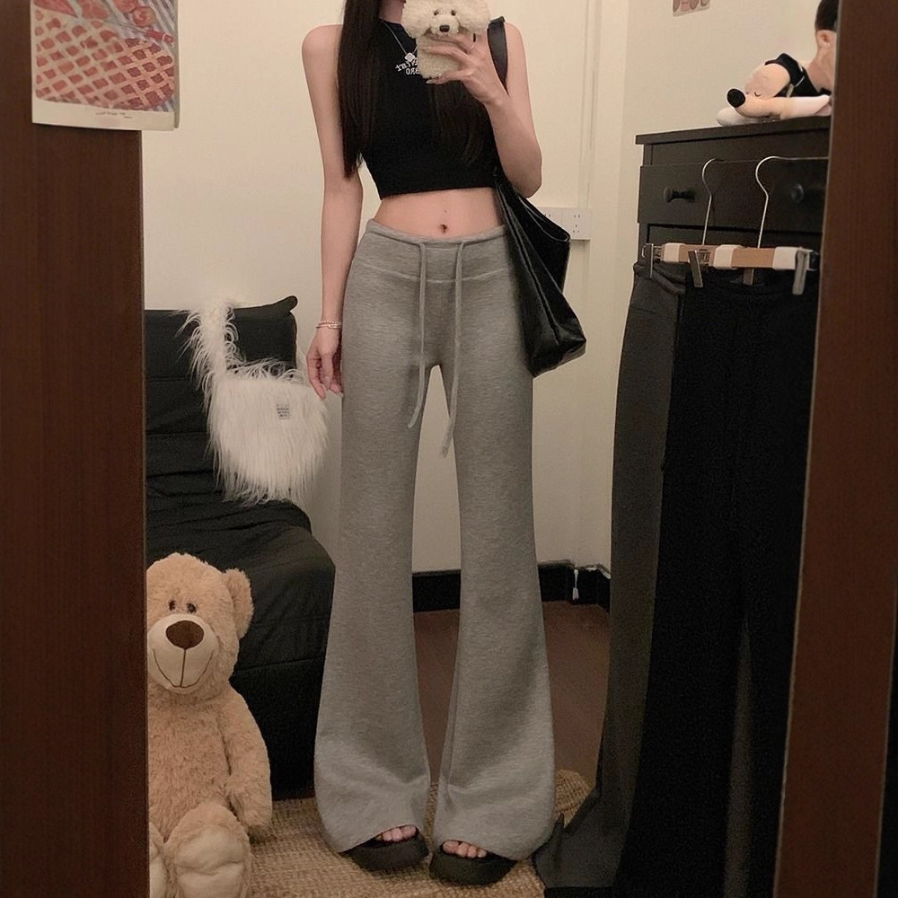 Cross-Border Real Shot of New Drawstring Light Gray Casual Pants for Women 2025 Autumn High-Waisted Draped Slightly Flared Floor-Length Pants Trend