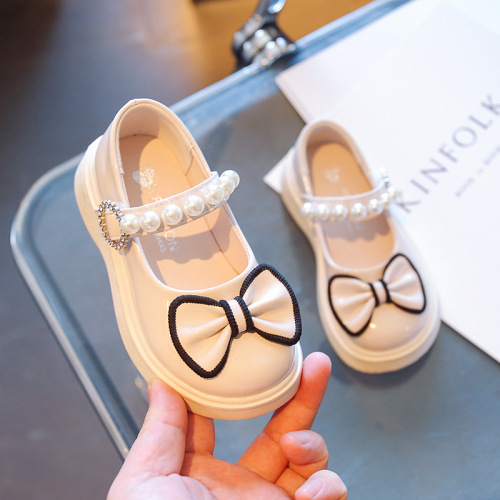 Girls Princess Shoes 2024 Spring and Autumn New Korean Version Children's Pearl Bow Single Shoes Performance Black Small Leather Shoes Trendy