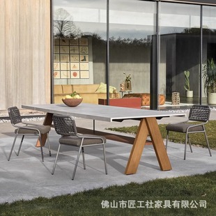Outdoor Dining Table Rattan Chair Outdoor Balcony Rattan Furniture Courtyard Table and Chair Villa Garden High-end Outdoor Leisure Rock Slab