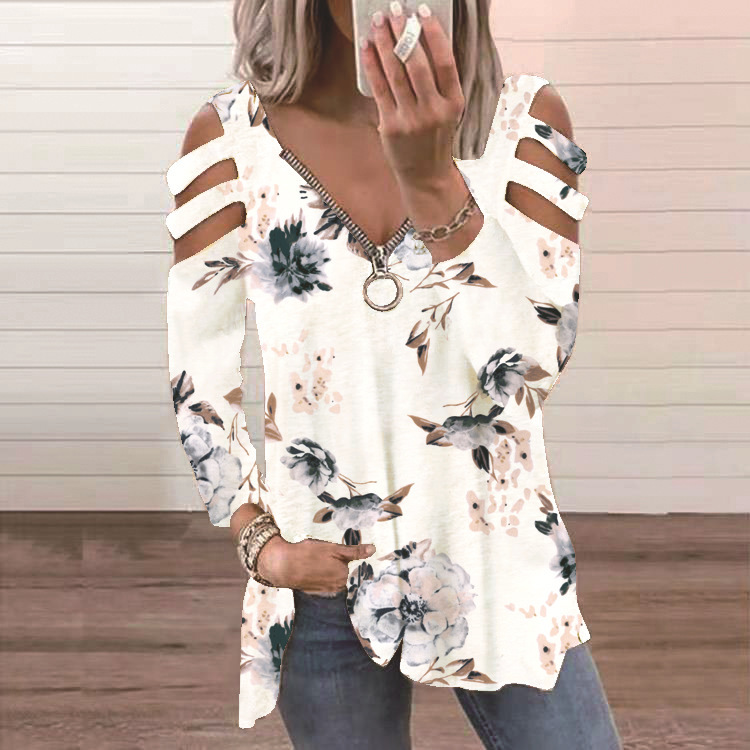 Long-Sleeved V Neck Zpper Printed Hollow T-Shirt NSSYV105669