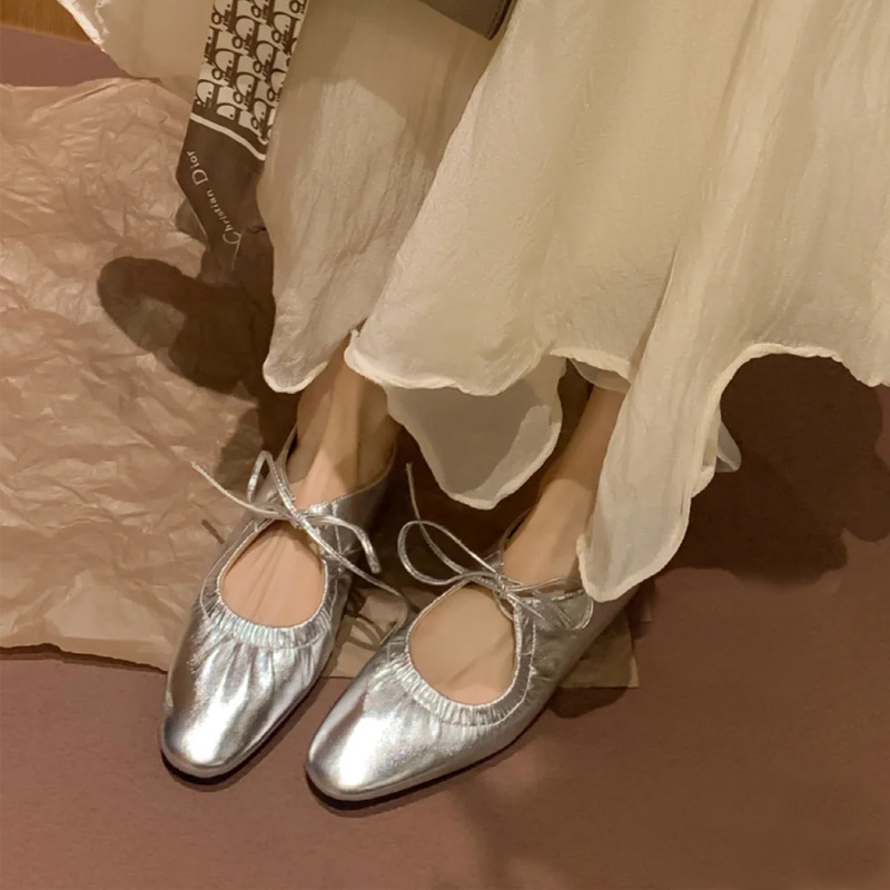 Gold and Silver Lace-Up Mary Jane Shoes for Women, New Spring Products, Full Leather Inside and Outside, Retro Round Toe Pumps for Women