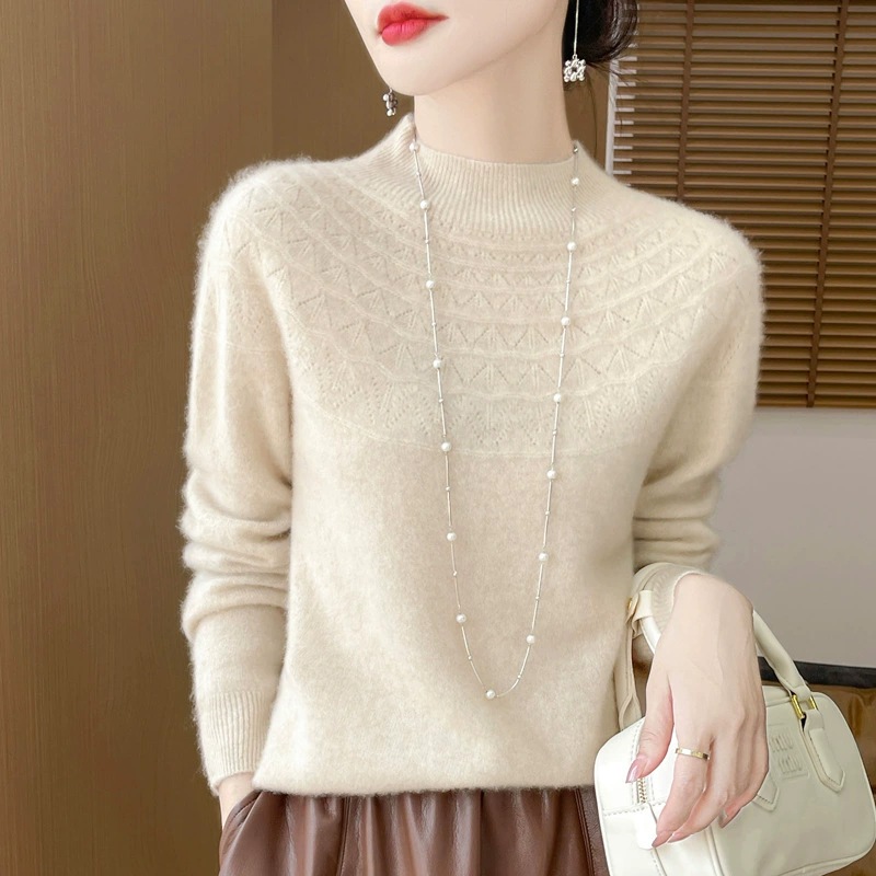 Новый бесшовный цельный свитер из 100% чистой шерсти с полувысоким воротником и ажурным дизайном для женщин, осень-зима 2025